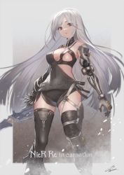 Rule 34 | 1girl, absurdres, asymmetrical clothes, asymmetrical legwear, boots, border, breasts, character request, cleavage, dust, dust cloud, frenlyse, highres, holding, holding weapon, huge filesize, ioriwu8, long hair, looking at viewer, medium breasts, nier (series), nier reincarnation, prosthesis, prosthetic arm, prosthetic leg, signature, solo, swept bangs, sword, thigh boots, thighhighs, uneven legwear, very long hair, weapon, white border