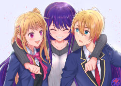 Rule 34 | 1boy, 2girls, arm around neck, black vest, blonde hair, blue eyes, blue jacket, blush, bow, bowtie, brother and sister, closed eyes, closed mouth, collarbone, collared shirt, commentary request, dress, falling petals, grey sweater, hair between eyes, highres, hoshino ai (oshi no ko), hoshino aquamarine, hoshino ruby, jacket, long hair, long sleeves, looking at another, mismatched pupils, mother and daughter, mother and son, multiple girls, necktie, one side up, open clothes, open jacket, open mouth, oshi no ko, petals, pinafore dress, pink bow, pink bowtie, pink eyes, purple hair, red necktie, ribbed sweater, shirt, short hair, siblings, sidelocks, signature, sleeveless, sleeveless dress, smile, star-shaped pupils, star (symbol), sweater, symbol-shaped pupils, teeth, twins, upper body, upper teeth only, vest, white dress, white shirt, zetsuki (theendoftheworid)