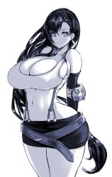 Rule 34 | 1990s (style), 1girl, amamiya (abaros), arms behind back, bare shoulders, black hair, breasts, cleavage, curvy, earrings, final fantasy, final fantasy vii, huge breasts, jewelry, long hair, midriff, miniskirt, monochrome, retro artstyle, skirt, smile, solo, square enix, suspender skirt, suspenders, thick thighs, thighs, tifa lockhart, very long hair, white background, wide hips