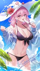 Rule 34 | 1girl, alternate costume, artist name, bare shoulders, bikini, black bikini, blue shirt, blue sky, breasts, cleavage, cloud, commentary request, cowboy shot, earrings, english text, enoki 3106, flower, food, hands up, hat, hat flower, highres, holding, holding food, holding popsicle, jewelry, large breasts, licking, long hair, long sleeves, looking at viewer, navel, off shoulder, open clothes, open mouth, open shirt, outdoors, pink eyes, pink hair, popsicle, saigyouji yuyuko, shirt, sky, smile, solo, swimsuit, touhou, triangular headpiece, wading, water, wet, white hat