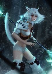 Rule 34 | 10s, 1girl, animal ears, armor, bad id, bad tumblr id, blurry, blurry foreground, boots, bug, butterfly, cat ears, cat tail, choker, facial mark, final fantasy, final fantasy xiv, gloves, hair ornament, highres, insect, long hair, miqo&#039;te, raikoart, red eyes, short shorts, shorts, shoulder armor, signature, single glove, slit pupils, snowing, solo, standing, tail, thigh boots, thighhighs, weapon, white hair