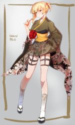 Rule 34 | 1girl, :&lt;, alternate costume, blonde hair, blush, border, braid, character name, closed mouth, floral print, full body, girls&#039; frontline, green eyes, grey background, twirling hair, half updo, highres, holster, japanese clothes, kimono, kimono skirt, kneehighs, looking away, obi, outside border, sandals, sash, short hair with long locks, short ponytail, sketch, socks, solo, standing, tabi, thigh holster, twintails, uneven twintails, via, welrod mkii (girls&#039; frontline), white socks