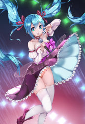 Rule 34 | 1girl, arm up, bare shoulders, blue eyes, blue hair, blush, bow, breasts, collarbone, detached sleeves, female focus, frilled skirt, frills, haimei1980, hair ribbon, hand up, happy, hatsune miku, highres, holding, light blush, long hair, looking at viewer, medium breasts, microphone, open mouth, orange panties, panties, purple bow, purple footwear, purple skirt, red ribbon, ribbon, shirt, shoes, skirt, smile, solo, standing, standing on one leg, striped clothes, striped panties, teeth, thighhighs, twintails, underwear, very long hair, vocaloid, white shirt, white thighhighs, wind, wind lift