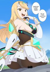 Rule 34 | 1girl, absurdres, ass, blonde hair, breasts, cleavage cutout, clothing cutout, dangle earrings, dress, earrings, elbow gloves, giant, giantess, gloves, highres, jewelry, large breasts, long hair, microskirt, mythra (massive melee) (xenoblade), mythra (xenoblade), neon trim, original, panties, panties under pantyhose, pantyhose, pleated skirt, short dress, sideboob, skirt, sleeveless, sleeveless dress, speech bubble, swept bangs, tiara, underwear, very long hair, white dress, white skirt, xenoblade chronicles (series), xenoblade chronicles 2
