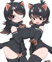 Rule 34 | 2girls, animal ears, apron, australian devil (kemono friends), black hair, blush, breast press, breasts, brown eyes, brown gloves, brown hair, claw pose, closed mouth, detached sleeves, embarrassed, extra ears, eyelashes, eyepatch, fang, female focus, gloves, hands on own chest, highres, kakanashi1, kemono friends, large breasts, looking at viewer, looking away, maid apron, medical eyepatch, medium breasts, medium hair, multiple girls, open mouth, short hair, skirt, symmetrical docking, tasmanian devil (kemono friends), thighhighs, thighs, upper body, v-shaped eyebrows, white background