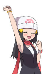 Rule 34 | 1girl, arm up, asatsuki (fgfff), beanie, black hair, blush, bracelet, clenched hand, closed eyes, commentary request, creatures (company), dawn (pokemon), eyelashes, game freak, hair ornament, hairclip, hand up, hat, highres, jewelry, long hair, nintendo, open mouth, pokemon, pokemon dppt, red scarf, scarf, shirt, simple background, sleeveless, sleeveless shirt, solo, teeth, tongue, upper teeth only, white background, white hat