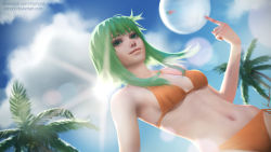 Rule 34 | 1girl, bad id, balancing, ball, bare arms, bare shoulders, bikini, blue sky, breasts, closed mouth, cloud, cloudy sky, day, deviantart username, dutch angle, facebook username, from below, gohpot, green eyes, green hair, gumi, hand up, highres, holding, holding ball, index finger raised, lens flare, navel, orange bikini, outdoors, palm tree, short hair with long locks, side-tie bikini bottom, side-tie bottom, sky, small breasts, smile, solo, sun, swimsuit, tree, vocaloid, volleyball (object), watermark, web address