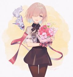 Rule 34 | 1girl, bow, bowtie, commentary request, cowboy shot, fate/grand order, fate (series), flower, fou (fate), hair over one eye, highres, hiiragi (karashriker), holding, holding flower, looking at viewer, mash kyrielight, open mouth, pantyhose, pink hair, purple eyes, ribbon, see-through, smile, solo, teeth, tongue