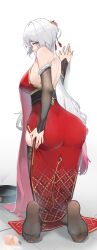Rule 34 | 1girl, absurdres, ass, china dress, chinese clothes, cracked egg, dress, egg, feet, highres, light blush, long hair, looking at viewer, looking back, meaningless, red eyes, see-through, see-through legwear, soles, thighhighs, toes, white hair