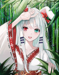 Rule 34 | 1girl, :d, absurdres, animal ears, bamboo, bamboo forest, bow, collarbone, commentary, day, forest, green eyes, hair between eyes, hair bow, hand on forehead, heterochromia, highres, leaf, lebring, light rays, looking at viewer, nature, open mouth, original, rabbit ears, red bow, red eyes, smile, solo, standing, sunlight, upper body, white hair, wide sleeves