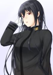 Rule 34 | 10s, 1girl, black hair, breasts, brown eyes, commentary request, female focus, gloves, gradient background, hair between eyes, hand in own hair, highres, kantai collection, large breasts, lens flare, long hair, looking at viewer, military, military uniform, niwatazumi, open mouth, red eyes, sidelocks, solo, tatebayashi sakurako, uniform