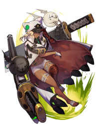 Rule 34 | 1girl, absurdres, bandaged arm, bandages, cape, clover, dark-skinned female, dark skin, fingerless gloves, floating, floating object, floating sword, floating weapon, four-leaf clover, full body, gloves, guilty gear, guilty gear strive, highres, hungry clicker, looking at viewer, orange eyes, ramlethal valentine, red bandage, short shorts, shorts, simple background, solo, sword, thigh strap, weapon, white background, white shorts