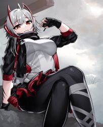 Rule 34 | 1girl, antenna hair, arknights, arm at side, black gloves, black jacket, black scarf, black skirt, breasts, brown eyes, cloud, cloudy sky, day, detonator, fingerless gloves, gloves, grey hair, grey shirt, highres, holding, horns, izulizuru, jacket, large breasts, long sleeves, looking at viewer, lying, material growth, miniskirt, multicolored hair, open clothes, open jacket, oripathy lesion (arknights), outdoors, pantyhose, parted lips, red hair, red skirt, scarf, shirt, signature, sitting, skirt, sky, smile, solo, two-tone hair, two-tone skirt, w (arknights)