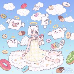 Rule 34 | &gt; &lt;, 1girl, :3, :t, angel wings, animal ears, arm support, artist name, barefoot, bear, bear ears, blue background, blue eyes, bright pupils, collarbone, doughnut, dress, eating, emma (kumaema), food, food on face, grey hair, hair ornament, hairclip, halo, highres, holding, holding food, looking at viewer, original, short hair, sitting, sleeveless, sleeveless dress, solo, sprinkles, wings, yellow dress