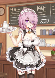 Rule 34 | 1girl, alternate costume, apron, bare shoulders, bell, black thighhighs, blush, breasts, cleavage, coffee mug, collarbone, commentary request, cup, dress, enmaided, eyes visible through hair, fate/grand order, fate (series), hair over one eye, holding, holding plate, indoors, kinyoubi no nangong da, large breasts, light purple hair, looking at viewer, maid, maid apron, mash kyrielight, mug, open mouth, plate, purple eyes, revision, short hair, solo, teaspoon, thighhighs