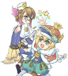 Rule 34 | 1boy, 1girl, blonde hair, blue eyes, brown hair, child, chime, clavat, final fantasy, final fantasy crystal chronicles, final fantasy crystal chronicles: my life as a king, glasses, green eyes, hat, king leo, lowres, selkie, simple background, smile