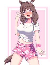 Rule 34 | 1girl, animal ears, blush, breasts, brown hair, clothes writing, floral print, gaze on me! outfit (umamusume), hair ornament, hairclip, hand up, highres, horse ears, horse girl, horse tail, hu-min (okok6341), large breasts, light hello (umamusume), long hair, looking at viewer, midriff, navel, nose blush, open mouth, pink eyes, pink shorts, scrunchie, shirt, short sleeves, shorts, solo, standing, tail, tied shirt, umamusume, white shirt, wrist scrunchie