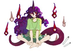 Rule 34 | 1girl, aaayamitsu, absurdres, barefoot, chinese commentary, closed mouth, commentary request, crossed ankles, curly hair, flat chest, green shorts, hair between eyes, highres, hitodama, horns, lizard tail, long hair, looking at viewer, purple hair, red eyes, shirt, shorts, simple background, single horn, sitting, smile, solo, t-shirt, tail, tenkajin chiyari, touhou, white background