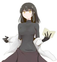 Rule 34 | 1girl, black gloves, black hair, black shirt, blush, book, breasts, character request, coat, copyright request, gloves, highres, holding, jacket, jacket on shoulders, long hair, long sleeves, looking at viewer, medium breasts, open book, open clothes, open coat, shirt, simple background, skin tight, slit pupils, solo, turtleneck, watermelon pan, white background