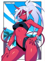 Rule 34 | 1girl, bangle, bikini, black bikini, blue hair, bracelet, breasts, colored skin, commentary, cowboy shot, demon girl, demon horns, demon tail, english commentary, glasses, halterneck, hand on own hip, hand on own thigh, highleg, highleg bikini, highres, horns, jewelry, kneesocks (psg), light blue hair, long hair, looking at viewer, navel, outdoors, palm tree, panty &amp; stocking with garterbelt, pointy ears, ponytail, red horns, red skin, single horn, solo, suoiresnu, swimsuit, tail, tree, twitter username