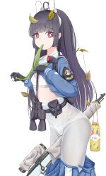 Rule 34 | 1girl, absurdres, ahoge, binoculars, black gloves, black hair, blue archive, blue shirt, blue skirt, bolt action, clothes lift, dirty, dirty clothes, female focus, flashlight, gloves, gun, hairband, halo, highres, holding, holding gun, holding weapon, leaf, leaf on head, lifted by self, long hair, long sleeves, looking at viewer, miyu (blue archive), panties, panties under pantyhose, pantyhose, pleated skirt, red eyes, rifle, shirt, shoe print, simple background, skate1014, skirt, skirt lift, solo, underwear, weapon, white hairband, white panties, white pantyhose