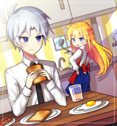 Rule 34 | 1boy, 1girl, absurdres, black necktie, blonde hair, blouse, blue eyes, blue skirt, bread slice, collared shirt, cup, drinking glass, egg (food), food, grey hair, hand on own hip, highres, holding, holding food, holding ladle, ladle, long hair, long skirt, long sleeves, looking at another, necktie, offbeat, pleated skirt, puyopuyo, schezo wegey, shirt, short hair, skirt, toast, white shirt, witch (puyopuyo)