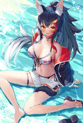 Rule 34 | 1girl, absurdres, animal ear fluff, animal ears, bikini, bikini under clothes, black hair, blush, breasts, cleavage, hair between eyes, hair ornament, hairclip, highres, hololive, large breasts, long hair, looking at viewer, multicolored hair, nogami (minamiituki), ookami mio, ookami mio (hololive summer 2019), open mouth, partially submerged, red hair, smile, solo, streaked hair, swimsuit, tail, two-tone hoodie, virtual youtuber, wolf ears, wolf girl, wolf tail, yellow eyes