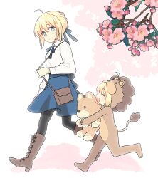 Rule 34 | 2girls, 87banana, ahoge, animal costume, artoria pendragon (all), artoria pendragon (fate), bag, blonde hair, blouse, blue skirt, boots, bow, check commentary, cherry blossoms, cherry tree, commentary request, cross-laced footwear, fate (series), green eyes, hair bow, handbag, lace-up boots, lion costume, lion tail, multiple girls, saber (fate), saber lion, shirt, skirt, stuffed animal, stuffed lion, stuffed toy, tail, white shirt