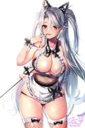 Rule 34 | 1girl, alternate costume, apron, arm under breasts, azur lane, bare shoulders, black bow, black panties, bow, breasts, center opening, commission, dated, enmaided, finger to mouth, fishnet thighhighs, fishnets, frilled apron, frills, gluteal fold, highres, huge breasts, long hair, maid, orange eyes, panties, pixiv commission, prinz eugen (azur lane), red hair, signature, silver hair, simple background, skirt, solo, thighhighs, underwear, very long hair, waist apron, white apron, white background, wrist cuffs, xes (xes 5377)