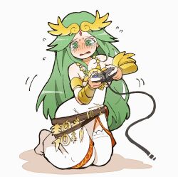 Rule 34 | 1girl, @ @, ancient greek clothes, bare shoulders, blush, breasts, cable, chiton, cleavage, collarbone, commentary request, controller, flying sweatdrops, forehead jewel, game controller, green eyes, green hair, jewelry, kaneda tamago, kid icarus, kid icarus uprising, kneeling, long hair, looking at viewer, medium breasts, nintendo, palutena, pendant, simple background, solo, sweat, tears, white background