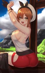 Rule 34 | 1girl, ass, atelier (series), atelier ryza, bad anatomy, bare shoulders, blush, breasts, brown eyes, brown hair, from behind, gloves, hair ornament, hairclip, hat, highres, k jin, large breasts, looking at viewer, looking back, open mouth, red shorts, reisalin stout, shiny clothes, shiny skin, short hair with long locks, shorts, sideboob, single glove, sitting, smile, solo, thighhighs