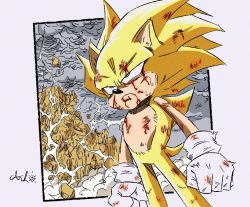 Rule 34 | 1boy, animal nose, ashofourtime, battle damage, clenched hands, closed mouth, dragon ball, dragonball z, furry, furry male, gloves, green eyes, injury, male focus, parody, solo, sonic (series), sonic the hedgehog, standing, style parody, super sonic, toriyama akira (style), white gloves