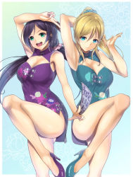 Rule 34 | 2girls, arm behind head, arm up, armpits, ayase eli, bare legs, blonde hair, blue eyes, breasts, china dress, chinese clothes, cleavage, closed mouth, commentary request, dress, fighting stance, floral print, green eyes, high heels, highres, large breasts, leg up, long hair, long legs, love live!, love live! school idol festival, love live! school idol project, multiple girls, ofuda, open mouth, ponytail, purple hair, revision, standing, standing on one leg, tojo nozomi, twintails, yamaori