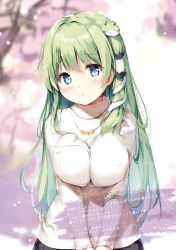 Rule 34 | 1girl, alternate costume, black skirt, blue eyes, blurry, blurry background, blush, breasts, casual, cherry blossoms, commentary request, contemporary, covered erect nipples, frog hair ornament, green hair, hair ornament, hair tubes, jewelry, kochiya sanae, large breasts, long hair, long sleeves, looking at viewer, miyase mahiro, necklace, ribbed sweater, single sidelock, skirt, snake hair ornament, solo, sweater, touhou, translation request, turtleneck, turtleneck sweater, upper body, v arms, very long hair, white sweater