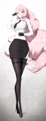 Rule 34 | 1girl, absurdres, black footwear, black necktie, black skirt, black thighhighs, blouse, blush, breasts, closed mouth, collared shirt, commentary, commentary request, fate/grand order, fate (series), full body, high heels, highres, koyanskaya (fate), large breasts, long hair, long sleeves, looking at viewer, necktie, pink hair, shiroshisu, shirt, shirt tucked in, skirt, solo, standing, tamamo (fate), thighhighs, thighs, white shirt