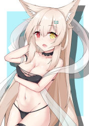 Rule 34 | 1girl, absurdres, animal ear fluff, animal ears, bare arms, bare shoulders, bikini, black bikini, blue background, breasts, cleavage, collarbone, commentary request, copyright request, drop shadow, fang, fox ears, groin, hagoromo, hair between eyes, hair ornament, hairclip, hand up, heterochromia, highres, light brown hair, long hair, looking at viewer, medium breasts, nagato-chan, navel, nijisanji, open mouth, red eyes, see-through, shawl, solo, swimsuit, thigh strap, two-tone background, very long hair, virtual youtuber, virtuareal, white background, yellow eyes
