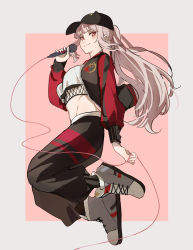 Rule 34 | 1girl, absurdres, baseball cap, black hat, black pants, black socks, blush, breasts, closed mouth, commentary, crop top, crop top overhang, cross-laced footwear, fishnet top, fishnets, full body, grey background, grey footwear, hat, highres, holding, holding microphone, hololive, hololive english, jacket, jumping, long hair, longlong (drasdr7513), looking at viewer, medium breasts, microphone, midriff, mori calliope, mori calliope (streetwear), nail polish, official alternate costume, open clothes, open jacket, pants, pink background, pink hair, ponytail, red eyes, red jacket, shirt, shoes, simple background, smile, sneakers, socks, solo, track jacket, two-tone background, unzipped, virtual youtuber, white shirt