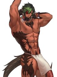 Rule 34 | 1boy, abs, au ra, bara, clothes lift, commentary, commission, curled horns, dark-skinned male, dark skin, dragon boy, dragon horns, dragon tail, english commentary, feet out of frame, final fantasy, final fantasy xiv, flaccid, green hair, highres, horns, huge penis, jouvru, large pectorals, male focus, multicolored hair, muscular, muscular male, navel, nipples, out-of-frame censoring, pectorals, pelvic curtain, pelvic curtain lift, penis, pointy ears, short hair, solo, stomach, tail, thick thighs, thighs, topless male, two-tone hair, warrior of light (ff14)