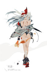 Rule 34 | 1girl, albino, alternate costume, ankle boots, ass, back, bandages, bandaged leg, belt, bikini, black bikini, black footwear, black gloves, boots, fingerless gloves, fire, floating hair, from behind, fujiwara no mokou, full body, gloves, hair ribbon, jacket, crossed legs, long hair, looking at viewer, looking back, off shoulder, profile, rei (sanbonzakura), ribbon, simple background, solo, swimsuit, text focus, thigh gap, touhou, unzipped, watson cross, white background, white hair