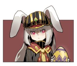 Rule 34 | 1girl, animal ears, blush, border, bright pupils, rabbit ears, closed mouth, dress, easter egg, egg, gogalking, hat, highres, leah (sdorica), looking at viewer, pink eyes, red background, red eyes, sdorica, simple background, solo, white border, white pupils