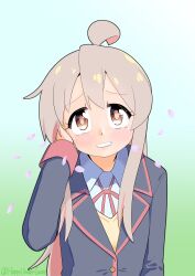 Rule 34 | 1girl, absurdres, ahoge, artist name, black jacket, brown eyes, commentary, gradient background, green background, grey hair, grin, hand in own hair, hand up, happyundergate, highres, jacket, light blush, long hair, long sleeves, looking at viewer, multicolored hair, neck ribbon, onii-chan wa oshimai!, oyama mahiro, petals, pink hair, red ribbon, ribbon, school uniform, shirt, simple background, smile, solo, twitter username, two-tone hair, upper body, white shirt, wing collar