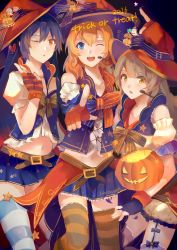 Rule 34 | 3girls, absurdres, bad id, bad pixiv id, blue eyes, blue hair, blush, commentary, fingerless gloves, girl sandwich, gloves, grey hair, halloween, hat, highres, jack-o&#039;-lantern, kosaka honoka, lanlanlu (809930257), long hair, looking at viewer, love live!, love live! school idol festival, love live! school idol project, minami kotori, multiple girls, navel, one eye closed, open mouth, pointing, pointing at viewer, pumpkin, sandwiched, skirt, smile, sonoda umi, striped clothes, striped legwear, striped thighhighs, thighhighs, trick or treat, witch, witch hat, yellow eyes