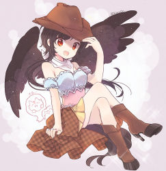 Rule 34 | 1girl, bare shoulders, biyon, black hair, blue shirt, boots, brown footwear, brown headwear, commentary request, feathered wings, full body, hand on headwear, hand up, hoof shoes, kurokoma saki, crossed legs, long hair, looking at viewer, neckerchief, off-shoulder shirt, off shoulder, open mouth, orange skirt, pink shirt, pleated skirt, red eyes, shirt, skirt, smile, solo, touhou, twitter username, wings, wolf spirit (touhou)