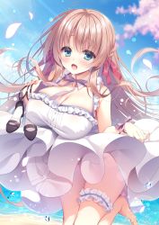 Rule 34 | 1girl, bare shoulders, blue eyes, blush, breasts, brown hair, cleavage, dress, hair ribbon, highres, huge breasts, large breasts, long hair, looking at viewer, open mouth, original, ribbon, smile, solo, very long hair, white dress, yatanukikey