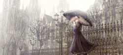 Rule 34 | 2girls, :o, bare tree, black dress, black gloves, black legwear, black umbrella, breath, building, commentary request, day, dress, fence, frilled umbrella, frills, gloves, highres, holding, holding umbrella, juliet sleeves, lamppost, light brown hair, long hair, long sleeves, missile228, multiple girls, original, outdoors, pantyhose, parted lips, puffy sleeves, red eyes, snowing, standing, tree, umbrella