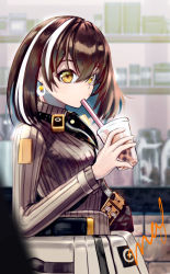 Rule 34 | 1girl, arknights, bird mask, blurry, blurry background, breasts, brown hair, brown sweater, bubble tea, clothes around waist, commentary, cowboy shot, crescent, crescent earrings, drinking, drinking straw, earrings, gas mask, hair between eyes, highres, indoors, jacket, jacket around waist, jewelry, long sleeves, looking at viewer, magallan (arknights), magallan (elite ii) (arknights), mask, mask around neck, medium breasts, multicolored hair, rhine lab logo, ribbed sweater, short hair, signature, solo, strap, streaked hair, sweater, turtleneck, turtleneck sweater, two-tone hair, wanko (realsight), white hair, yellow eyes
