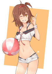 Rule 34 | 1girl, ahoge, ball, beachball, bikini, bikini under clothes, blush, breasts, brown eyes, brown hair, cleavage, collarbone, commentary request, crop top, dan (kumadan), hair between eyes, hairband, kantai collection, light blush, looking at viewer, navel, one eye closed, open mouth, red hairband, shiratsuyu (kancolle), short hair, short shorts, shorts, side ponytail, simple background, small breasts, smile, swimsuit, teeth, yellow eyes