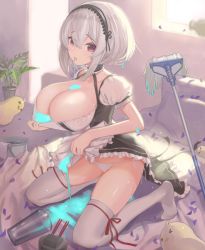 Rule 34 | &gt;o&lt;, 1girl, ahoge, apron, azur lane, bed, bed sheet, bird, black choker, black dress, bottle, breasts, bucket, chick, choker, cleavage, clothes lift, collarbone, cup, day, dress, dress lift, frilled apron, frilled choker, frilled dress, frills, from side, hair between eyes, hair intakes, hairband, heart, heart-shaped pupils, highres, huge breasts, indoors, kneeling, lace-trimmed hairband, lace trim, large breasts, lifting own clothes, liquid, looking at viewer, lying, manjuu (azur lane), mop, nanam (nanam sk), no shoes, on bed, on side, panties, petals, pillow, plant, puffy short sleeves, puffy sleeves, rag, raised eyebrows, red eyes, ribbon-trimmed legwear, ribbon trim, shiny skin, short hair, short sleeves, side-tie panties, silver hair, sirius (azur lane), solo, spill, spread legs, sunlight, sweat, symbol-shaped pupils, thighhighs, thighs, tongue, tongue out, turret, two-tone dress, underwear, waist apron, wet, wet hair, white dress, white panties, white thighhighs, window