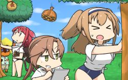 Rule 34 | 1other, 3girls, adapted costume, ahoge, akigumo (kancolle), animal crossing, asymmetrical bangs, blue one-piece swimsuit, blue sky, braid, brown hair, cloud, commentary request, covered navel, crossover, dated, day, falling, green eyes, hair flaps, hair ribbon, hairband, hamu koutarou, highres, hornet nest, i-26 (kancolle), kantai collection, kawakaze (kancolle), light brown hair, long hair, low twintails, multiple girls, new school swimsuit, nintendo, one-piece swimsuit, outdoors, pencil, ponytail, pushing, red hair, ribbon, scarf, school swimsuit, shirt, sidelocks, sketch pad, sky, swimsuit, swimsuit under clothes, t-shirt, tom nook (animal crossing), tree, twin braids, twintails, two side up, very long hair, wasp nest, white scarf, white shirt, yellow eyes