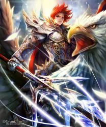Rule 34 | 1boy, armor, fantasy, gauntlets, griffin, kei1115, lens flare, male focus, open mouth, original, polearm, red hair, riding, shingoku no valhalla gate, shoulder armor, solo, spire, watermark, weapon